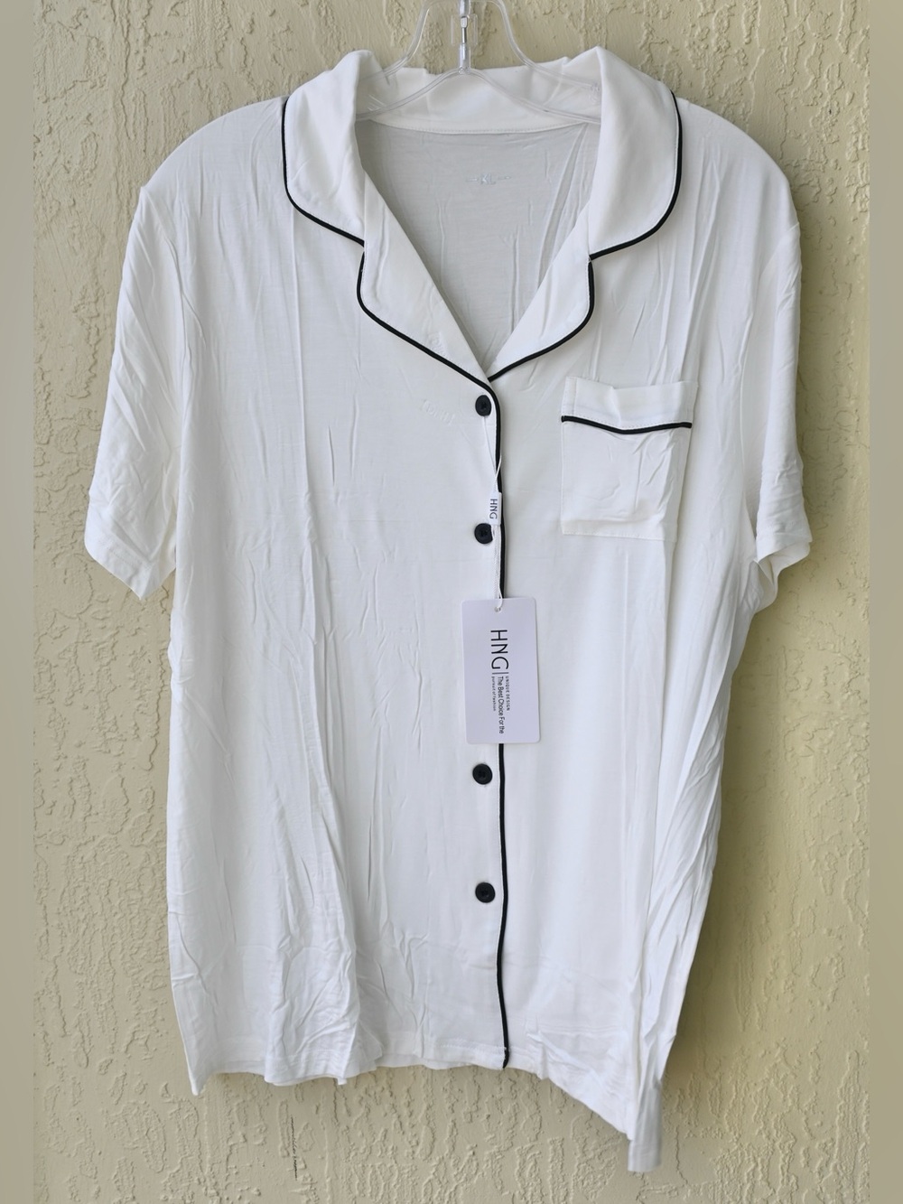 White Short Sleeve Pajama Top and Shorts Set with Black Piping